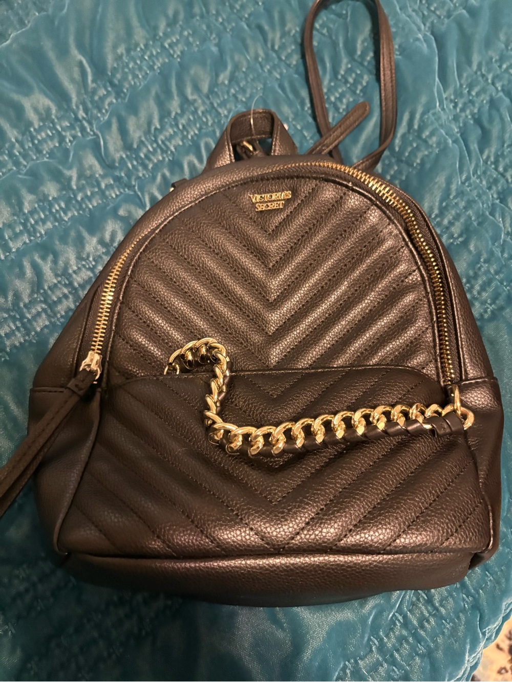 Victoria's Secret Black Quilted Mini Backpack with Gold Chain~preowned